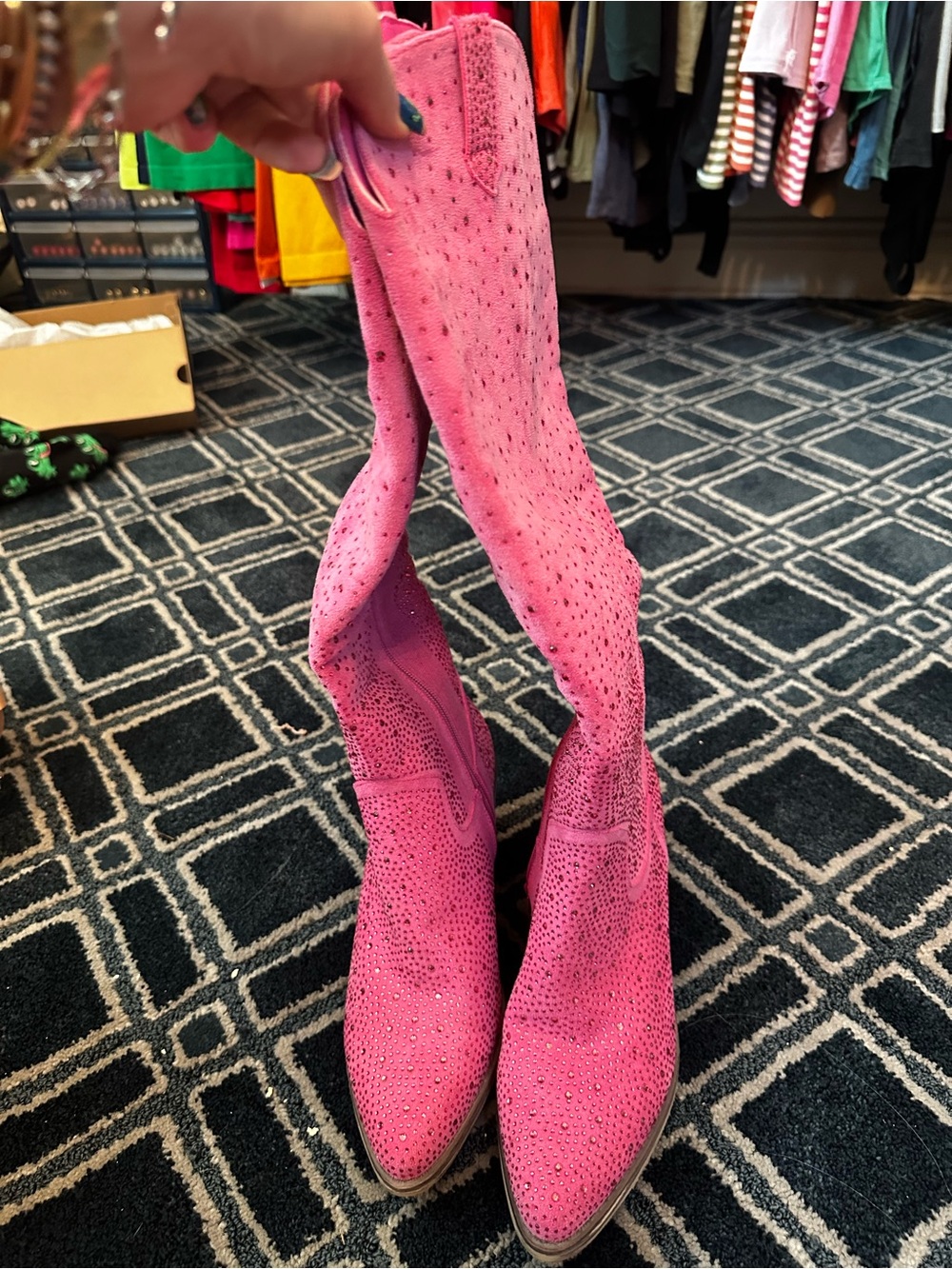 Pink Rhinestone Knee-High Boots